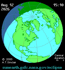 Mapa global do eclipse solar total de 12 de Agosto de 2026