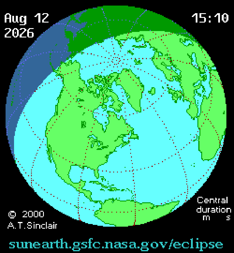 Mapa global do eclipse solar total de 12 de Agosto de 2026