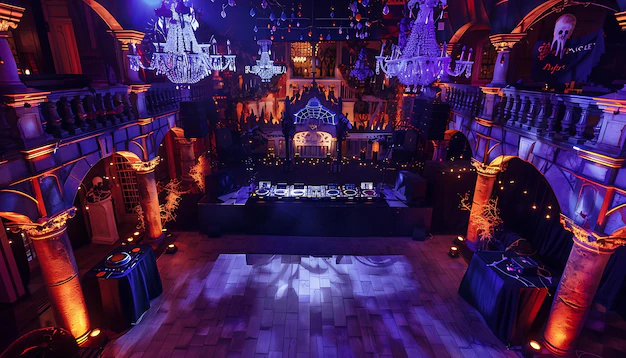 Interior of a decorated hall with chandeliers, illuminated arches and a DJ booth at the centre