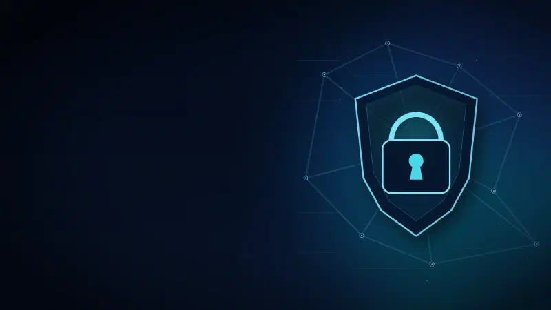 Ilustração de segurança de passwords no Active Directory com um cadeado, uma rede de identidades e o símbolo do Microsoft Entra ID